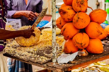 Preparing of a coconut for drinking on a Colombo market at Sri Lanka